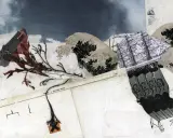 A dramatic collage art piece depicting a sailing ship navigating stormy seas, with elements of seaweed, a skull and crossbones, and a row of faces.