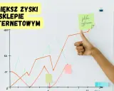 Wykres wzrostu zysków w sklepie internetowym. Kciuk w górę i notatka "pliki cyfrowe" sugerują sukces tej formy sprzedaży.