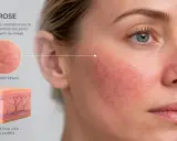 Gros plan sur le visage d'une femme montrant la couperose, avec des vaisseaux sanguins dilatés sur les joues. Des schémas expliquent la dilatation des capillaires.