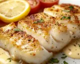 Délicieux dos de cabillaud au four, servi avec des quartiers de citron, des tomates cerises et une sauce onctueuse.