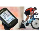 Ciclista su rulli, computer di bordo mostra dati allenamento. Impara come calcolare la velocità media con questi strumenti.
