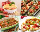 Quatre plats d'été colorés : gratin de légumes, aubergines farcies, ratatouille et tarte salée. Parfaites pour une recette été.