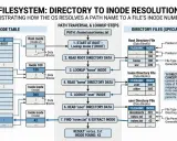 Schemat pokazuje, jak system Linux odnajduje plik, przechodząc przez katalogi, by join js do jego numeru inode.