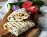 Pyszny, domowy kebab z kurczakiem, warzywami i sosem na desce z drewna. Obok pomidor, ogórek i cebula.