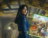 Kobieta w niebieskim kombinezonie z serii Fallout, obok wesoły Vault Boy i scena z postapokaliptycznego świata.