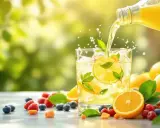 Verre de boisson rafraîchissante avec des rondelles de citron et des feuilles de menthe, arrosé d'un liquide jaune. Autour, des fruits rouges, des myrtilles et des oranges. Une boisson parfaite pour l'hydratation, une eau electrolyte naturelle.