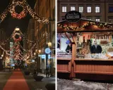 Julbelysning i Stockholm skapar magi på en marknad. En bod säljer korv och godsaker.