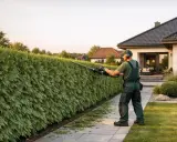 Ogrodnik przycina żywopłot z tui, dbając o jego kształt. Idealny czas, kiedy przycinać tuje, to wiosna lub wczesne lato.