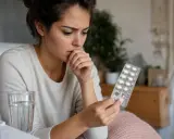 Donna preoccupata guarda un blister di pillole, forse per curare la candida dopo antibiotico.
