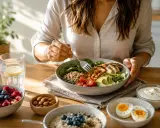 Kobieta je zdrowy posiłek, idealny na dieta odchudzająca: kurczak, awokado, komosa ryżowa, warzywa, owoce i jajka.