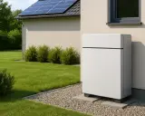Nowoczesny magazyn energii do fotowoltaiki 10 kW stoi obok domu z panelami słonecznymi.