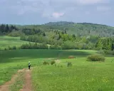 Osoba z plecakiem idzie ścieżką przez zieloną łąkę w Beskidach.