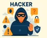 Ein schwarzer Hut Hacker mit Kapuze und Maske sitzt vor einem Laptop. Warnsymbole, ein Käfer und ein Schloss umgeben ihn.