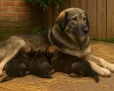 Un majestueux berger des Carpates veille sur ses trois adorables chiots blottis contre lui, dans une scène paisible de tendresse maternelle.