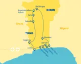 Trasa podróży przez Benin, Togo i Ghanę. Mapa pokazuje miasta takie jak Natitingou, Kpalime, Lome, Ouidah, Cotonou i Porto Novo.