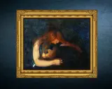 En kvinna med rött hår omfamnar ett barn i mörka toner. Edvard Munch fakta: Målningen heter "Madonna".