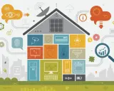 Illustration av ett smart hem med ikoner för säkerhet, energi och automation. En brandlarm går utan anledning, vilket symboliserar en potentiell teknisk störning.