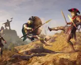 Spartanie walczą w Assassin's Creed Odyssey. Jeden z nich wykonuje kopnięcie, drugi blokuje tarczą.