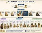 Der Stammbaum zeigt Zeus, den Göttervater und Herrscher des Olymps, sowie seine Familie. Wer ist Zeus? Er ist der Sohn von Kronos und Rhea.