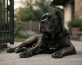 Potężny pies rasy Cane Corso leży przy bramie. Czy cane corso są groźne? Ten pies wygląda na spokojnego, ale czujnego.