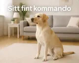 En gul labrador sitter fint på en matta i ett vardagsrum. Hunden väntar på sitt kommando.
