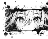 Intensywny manga rysunek przedstawiający wielkie, błyszczące oczy postaci, otoczone rozbryzgami tuszu i fragmentami twarzy.