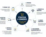 Schemat strategii e-commerce: od persony klienta, przez propozycję wartości, kanały sprzedaży, pozyskiwanie i retencję klientów, logistykę, po pomiar KPI.