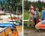 Rodzinna wycieczka do Jeleniej Góry: plaża z deskami SUP i kajakami, a obok mały samolot i uśmiechnięta rodzina. Atrakcje dla dzieci w Jeleniej Górze czekają!