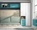 Mueble comedor con cama abatible, sofá verde y armario blanco. Estantería azul con cuadros.