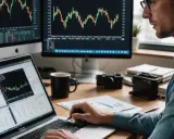Mężczyzna analizuje wykresy akcji S&P 500 na laptopie i monitorach.