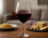 Ein Glas Rotwein, vermutlich aus der Merlot Rebsorte, steht auf einem Holztisch. Im Hintergrund sind unscharf Nudeln und Käse zu sehen.