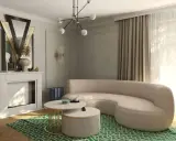 Eleganckie art deco mieszkanie z kremową sofą, geometrycznym dywanem i lustrem w stylu retro.