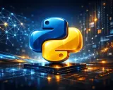 Symbol Python, niebiesko-żółty, na tle cyfrowego świata. To jest python definicja.