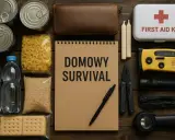 Zestaw do domowego survivalu: konserwy, makaron, ryż, woda, ciastka, apteczka, radio, latarka, scyzoryk, świece i notes.