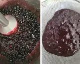 Mieszanie jagód blenderem, aby uzyskać gładką masę na żelkę do tortu. Po lewej blender w jagodach, po prawej przecedzona masa.