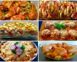 Sześć potraw, idealnych na efektowną kolację dla znajomych: pieczony kurczak, zapiekanka warstwowa, faszerowana rolada, klopsiki w sosie, zapiekanka z serem i kurczak z warzywami.