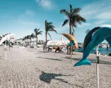 Bunte Delfin-Skulpturen säumen die Promenade in Setúbal, Portugal, unter blauem Himmel und Palmen.