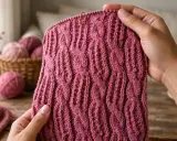 Manos tejiendo un suéter con un hermoso punto de trenzas y ochos en hilo rosa. Bolas de lana y flores secas en el fondo.