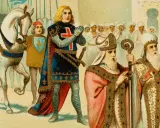 Ein Ritter mit Kreuz, Bischöfe und ein Knappe. So lebten die Menschen im Mittelalter, in Prozessionen und mit religiöser Symbolik.