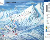 Mapa strediska Štrbské Pleso s vyznačenými zjazdovkami, lanovkami a vrcholmi ako Kriváň a Kozia stena.