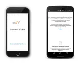 Przenoszenie danych z Androida na iPhone zakończone. Na ekranie iPhone'a komunikat "Transfer Complete", na Androidzie "Przenoszenie zakończone".