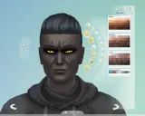 Tworzenie postaci w The Sims 4: mroczny Sim z żółtymi oczami i szarą skórą, gotowy do rozgrywki.