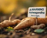 Racines d'ashwagandha fraîchement récoltées, avec un panneau "Attention Ashwagandha". Avis sur l'ashwagandha.