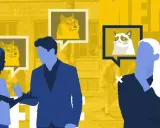 Silhouetten von Menschen, die über Doge und Grumpy Cat sprechen. Ein humorvolles Bild über meme kommunikation.