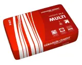 Worek cementu Górażdże MULTI 25 kg z białymi pasami na czerwonym tle.