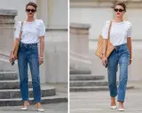 Donna con outfit jeans e maglietta bianca, borsa di paglia e occhiali da sole.