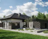 Nowoczesne projekty domów parterowych z poddaszem, z kamienną elewacją i dużymi przeszkleniami, otoczone zielenią.