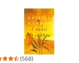 Copertina del libro "I venti di sabbia" di Kristin Hannah, con un mulino a vento, spighe di grano e un fienile sotto un cielo arancione.
