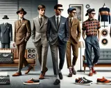Eleganccy mężczyźni w garniturach, prezentujący styl glamour moda męska. W tle manekin w garniturze, maszyny do pisania i meble retro.