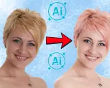 Comparación de antes y después de un programa de retoque fotográfico con IA, mostrando un cambio de cabello rubio a rosa y mejora de la piel.